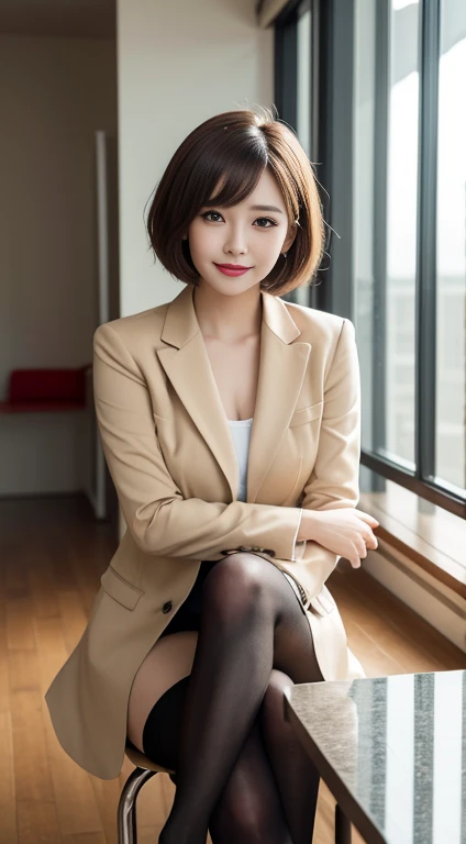 (RAW Photos:1.2), (Realistic:1.4),Beautiful detailed woman,非常にBeautiful Eyesと顔, Beautiful Eyes, Very detailed,High resolution, Very detailed,highest quality,Awareness-raising,Unified,8k wallpaper,masterpiece,highest quality,1 female,alone,rich,Whole Body Ezbian,(A little chubby:0.8),thick legs,alone,(Beige business suit:1.4),(Knee-length skirt:1.6)、(short boots:1.4)、(I have a business bag:1.4),jewelry, necklace ,short hair,A kind smile,A dignified atmosphere,black eye,Realistic, (London in the Morning:1.2),(Stand upright:1.4),(go to work:1.2)