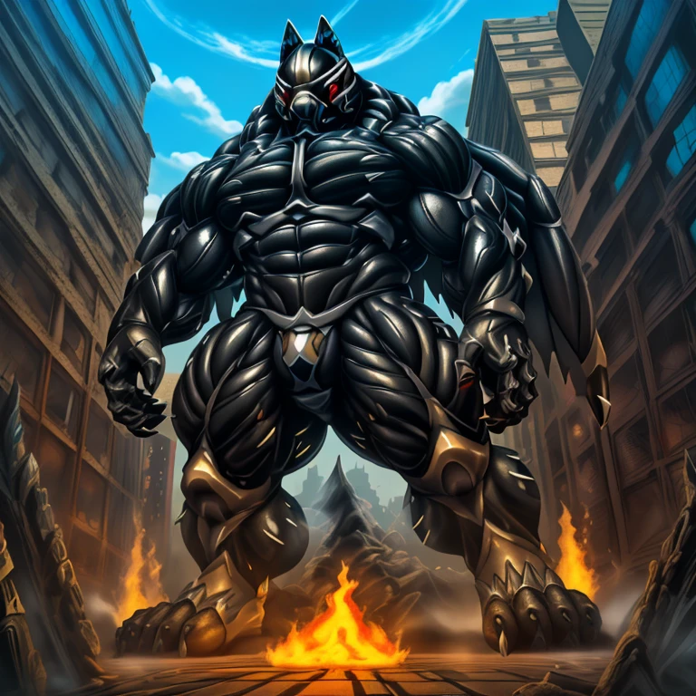 (masterpiece. official art. 8k. best quality. detailed full body. full body.)
(situation 1 : dominating mega Lucario. focus Colossus mechanical Muscular mega Lucario is trampling the CITY. macro. stomp. Low-angle perspective. emphasizing the immense size. The perspective is from below, emphasizing the sheer majesty and power of the Colossus. Colossus art. He is much bigger than a skyscraper. Giga Colossuss. micro soccer field. looking down.)

(situation 2 :smoke and flames rising from the destruction in the city)

(Additional details 1: wearing a full-face helmet. helmet is jet black. The color of NANOSUIT is jet black. high-tech bio-mecha armor. real texture material. whole body shines like metal. Wearing cyberpunk mecha. emphasizes the muscles. suit fully made of metal. intricate armor. Robotic suit. suit fully made of metal. NANOSUIT with the same design as mega Lucario.). (mega Lucario has 5 toes.)

(Additional details 2: (Detailed head. Detailed Body. Detailed abs. gigantic muscles. HYPER MUSCLES. Gigachad Muscular. big muscle. pecs. triceps. traps. unusually developed muscular body. body full of huge muscles. showing off muscles. pectorales enormes. Exaggeratedly huge muscles. huge muscles. long legs.).

(Additional details 3: nj5furry, Spread wings. It has wings. black have big wings. The claws are sharp. Sharp teeth.5 toes.). 