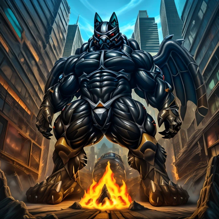 (masterpiece. official art. 8k. best quality. detailed full body. full body.)
(situation 1 : dominating mega Lucario. focus Colossus mechanical Muscular mega Lucario is trampling the CITY. macro. stomp. Low-angle perspective. emphasizing the immense size. The perspective is from below, emphasizing the sheer majesty and power of the Colossus. Colossus art. He is much bigger than a skyscraper. Giga Colossuss. micro soccer field. looking down.)

(situation 2 :smoke and flames rising from the destruction in the city)

(Additional details 1: wearing a full-face helmet. helmet is jet black. The color of NANOSUIT is jet black. high-tech bio-mecha armor. real texture material. whole body shines like metal. Wearing cyberpunk mecha. emphasizes the muscles. suit fully made of metal. intricate armor. Robotic suit. suit fully made of metal. NANOSUIT with the same design as mega Lucario.). (mega Lucario has 5 toes.)

(Additional details 2: (Detailed head. Detailed Body. Detailed abs. gigantic muscles. HYPER MUSCLES. Gigachad Muscular. big muscle. pecs. triceps. traps. unusually developed muscular body. body full of huge muscles. showing off muscles. pectorales enormes. Exaggeratedly huge muscles. huge muscles. long legs.).

(Additional details 3: nj5furry, Spread wings. It has wings. black have big wings. The claws are sharp. Sharp teeth.5 toes.). 