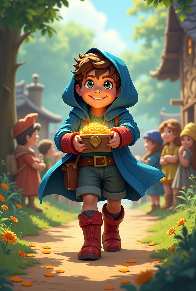 The return to the village
Leo decides to return to the village to share what he found.. He walks confidently with the treasure in his hands , his blue coat wobbling , and the red boots leaving bright footprints along the way . Upon arrival, He gathers his friends and , with a smile on his lips , begins to tell about his adventures in the enchanted forest and the mysterious castle . Leo with his blue hooded coat and his curious look, with his red boots