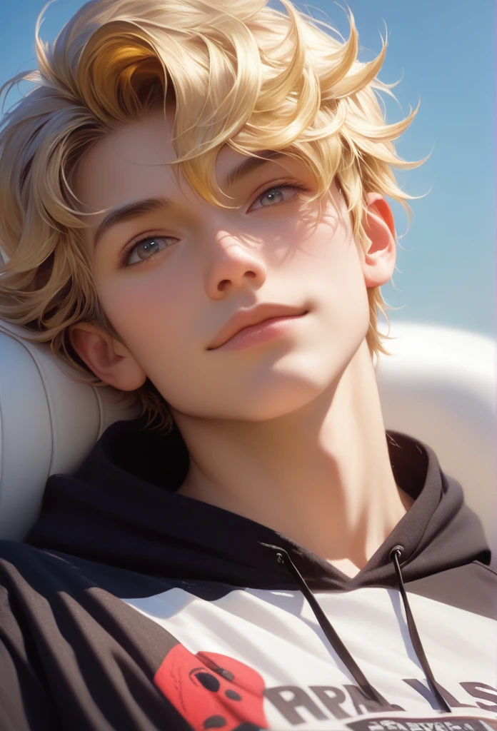 score_9, score_8_up, score_7_up, A hyper realistic ultra detailed photo of hansome man, fancy hair ,  golden blonde  hair, ultrarealistic, cute,  body, perky boobs, perfecteyes, , upper body  , close up, portrait, looking at viewer, amusement  ,  laying on back  ,  casual outdoor background, wearing hoodie T-shirt , layered skirt