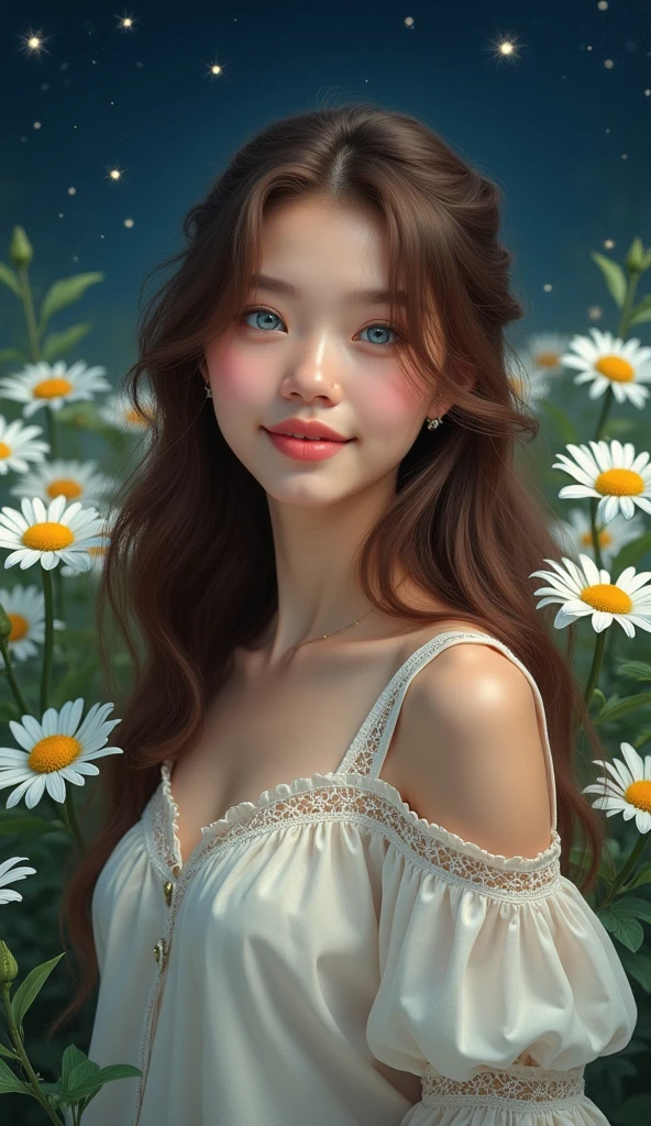 a portrait of a young woman with long, wavy brown hair and blue eyes. She is standing in front of a background of white daisies with yellow centers and green leaves. The woman is wearing a white blouse with a lace trim and has a slight smile on her face. The sky is dark blue with small white stars scattered across it. The overall mood of the image is peaceful and serene.