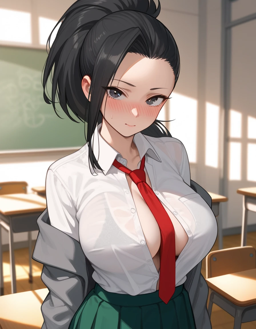 score_6_up, best quality, 1girl, solo, momo, long hair, bangs, black hair, ponytail, high ponytail, wide ponytail, big breasts, blush, looking at viewer, student, grey school uniform, red tie, green skirt, at a classroom, grey coat, unbuttoned blouse, blushing 