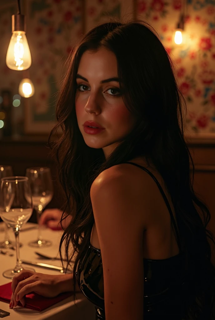 Prompt: beautiful brunette, 22 years old, slutty swedish woman , (open mouth), looking at me, beautiful body, slender, medium breasts, brown eyes, good eye detail, sexy face, steamy maximum detail of skin and face, 8k wallpaper, (detailed face and eyes:1.4) eyes high detailing and lips, high quality, film grain, fujifilm xt3, (sub surface scattering:1.2), very beautiful face, whole body, ((wearing evening gown)), sitting in a restaurant, perfect face, perfect jawline, attractive, straight hair, sideboob, catalogue image of the whole body, glowing, ((full body from side))