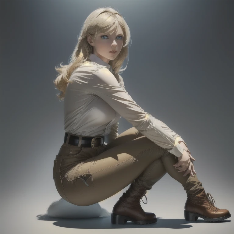 aot style,  Shingeki no Kyojin,, , christa renz,, 1 , belt, belt fivela, Blonde hair, blue eyes, brown footwear, brown pants, fivela, chest belt, collared shirt, diamante (form),  floating hair, from the side,  full body , gray background,  Hair Between Your Eyes ,  hands on their own thighs, long hair, long sleeves,  looking forward ,  with your hands together , pants,  half-open lips , shirt, shoe, sitting, Alone, shine, Star (symbol), thigh brace , white shirt, , , ((masterpiece)),  best quality , , 