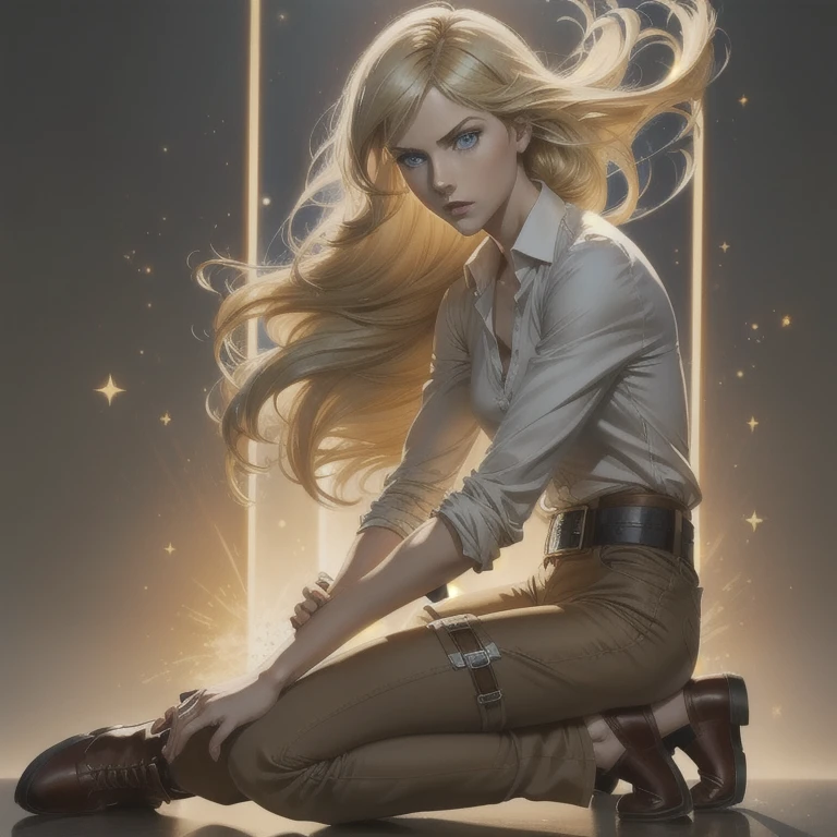 aot style,  Shingeki no Kyojin,, , christa renz,, 1 , belt, belt fivela, Blonde hair, blue eyes, brown footwear, brown pants, fivela, chest belt, collared shirt, diamante (form),  floating hair, from the side,  full body , gray background,  Hair Between Your Eyes ,  hands on their own thighs, long hair, long sleeves,  looking forward ,  with your hands together , pants,  half-open lips , shirt, shoe, sitting, Alone, shine, Star (symbol), thigh brace , white shirt, , , ((masterpiece)),  best quality , , 