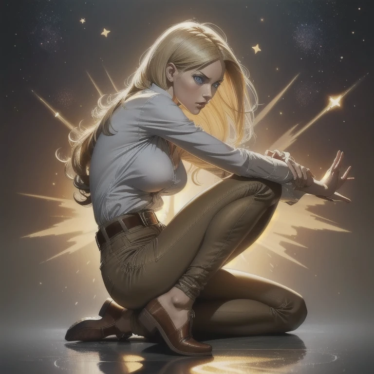 aot style,  Shingeki no Kyojin,, , christa renz,, 1 , belt, belt fivela, Blonde hair, blue eyes, brown footwear, brown pants, fivela, chest belt, collared shirt, diamante (form),  floating hair, from the side,  full body , gray background,  Hair Between Your Eyes ,  hands on their own thighs, long hair, long sleeves,  looking forward ,  with your hands together , pants,  half-open lips , shirt, shoe, sitting, Alone, shine, Star (symbol), thigh brace , white shirt, , , ((masterpiece)),  best quality , , 