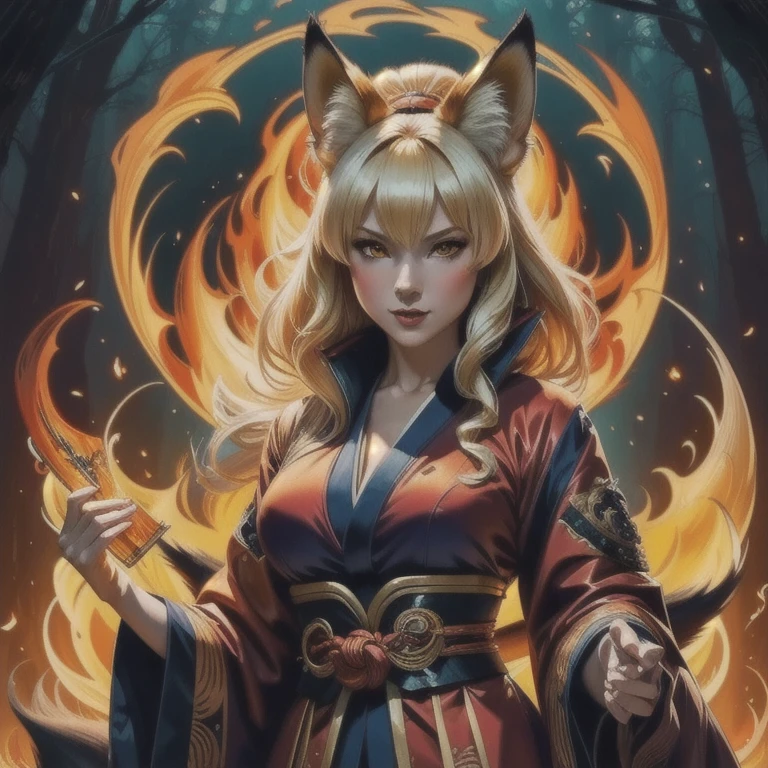 1 ,Alone,, official art,  wallpaper 8k unit,  ultra detailed , beautiful and aesthetic, beautiful, masterpiece,  best quality ,, Kitsune Witch ,  Fox Mask , haori jacket,  fox fire spell, familiar fox, transformation,