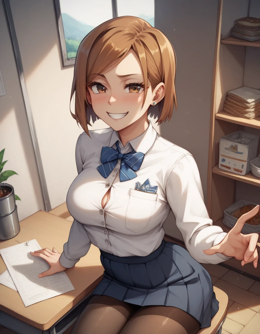 masterpiece,best quality,best details,nsfw,1 girl,short hair,brown hair,brown eyes,precise fingers,dress shirt,skirt,long black tights,long sleeve,a lot of food on the table,litte bloated belly,belly stuffing,sit on a chair,underground room,trapped underground room,Kugisaki Nobara,anime,