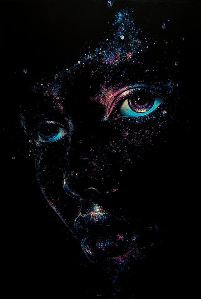 graphic design，large black canvas，Space feeling，empty，1 color glass transparent 3d portrait sculpture，Underflow melting，radiation, simple，minimalism，Beautiful girl，Soft and elegant colors,dark background,radiation
