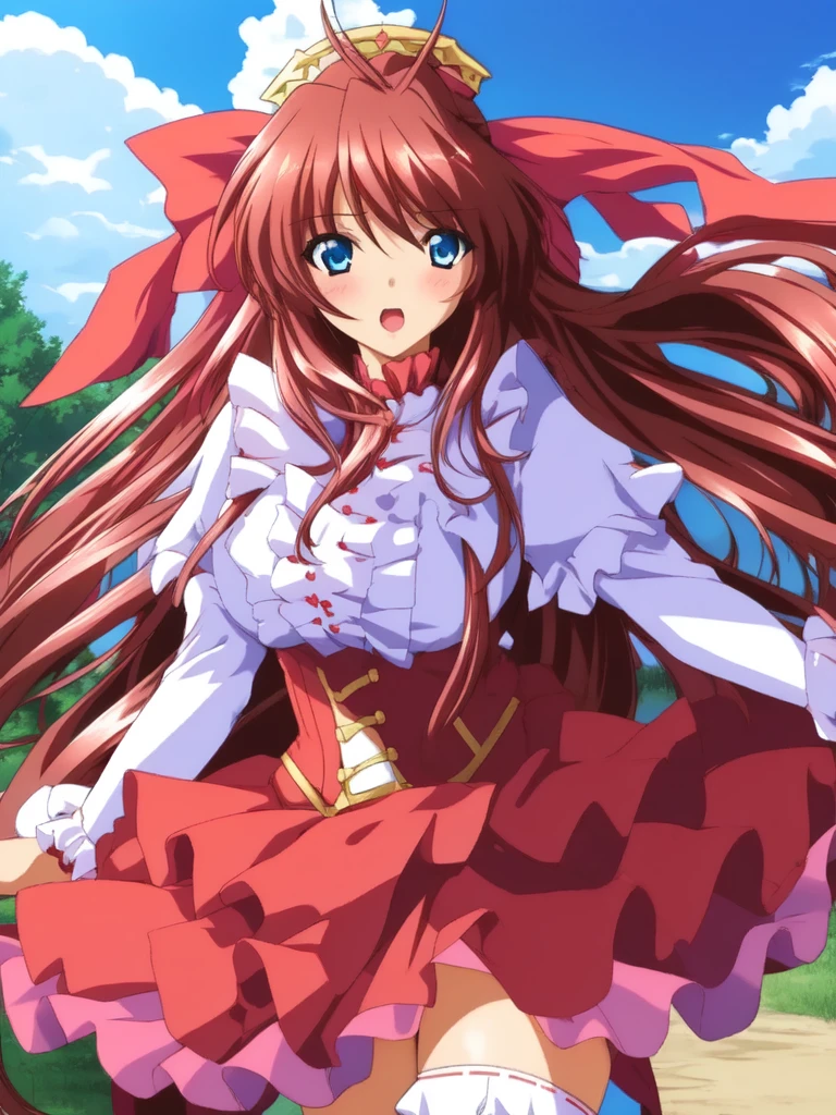 Anime illustration, ,Kanzaki_Aoi, 1girl, solo, long hair, brown hair, blue eyes, large breasts, red hair ribbon, break, ((frill queen costume:1.3)), outdoor,