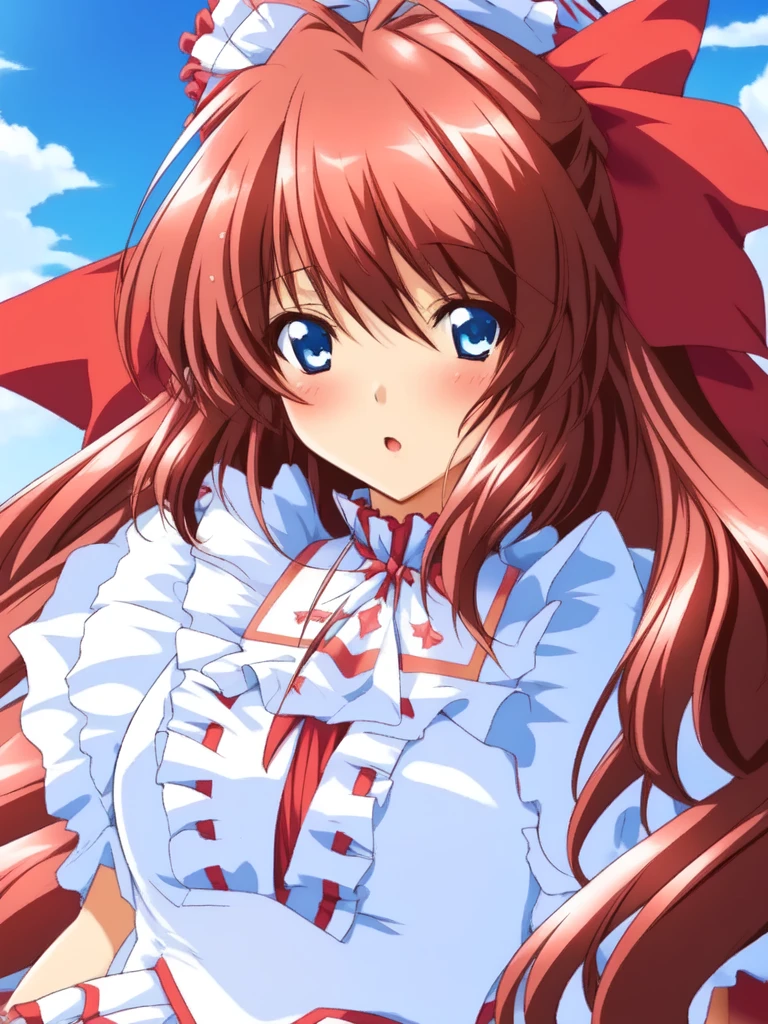 Anime illustration, ,Kanzaki_Aoi, 1girl, solo, long hair, brown hair, blue eyes, large breasts, red hair ribbon, break, ((frill queen costume:1.3)), outdoor,