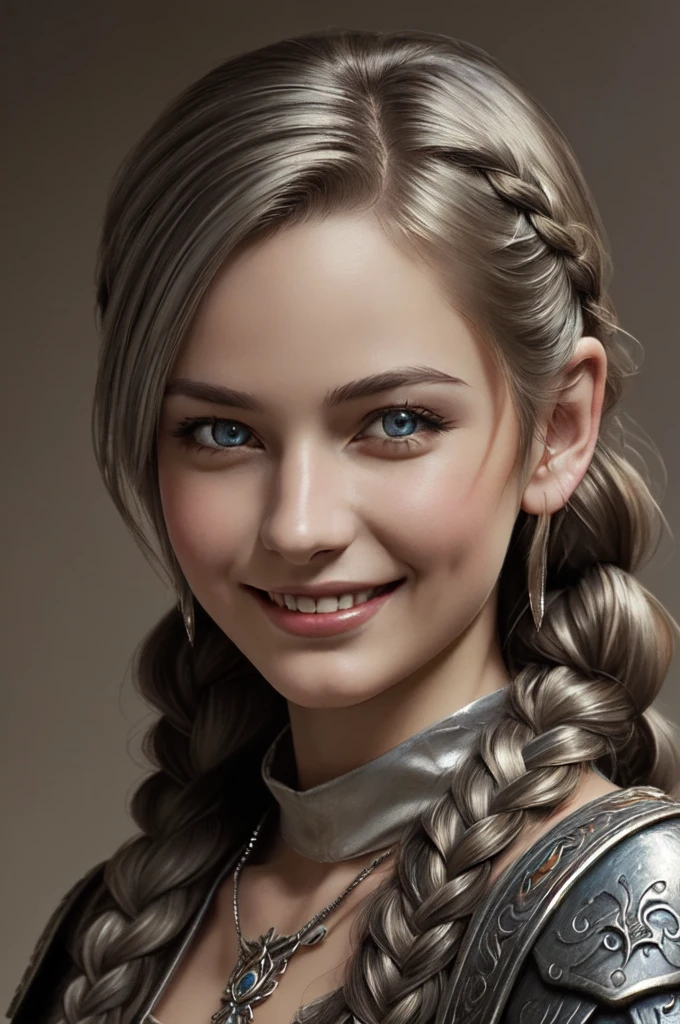 (((masterpiece, best quality, Super detailed, Official Art, ID photo, one girl, front face, realistic eyes, Romanian))), best beautiful, Mysterious, pure smile, kind face, Dark Fantasy, Silver Hair, shorthair , braid, Final Fantasy art, cleric costume, Light clothing