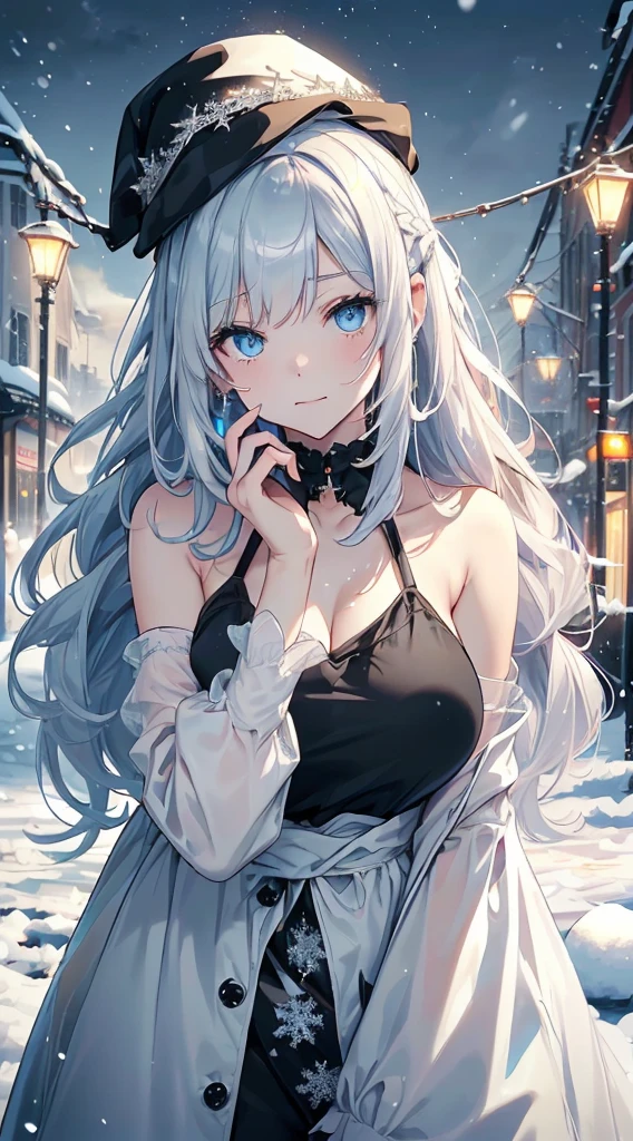 (Tying her sky blue hair into a single braid),(Pink Eyes),Fair skin,whole body,alone,Lonely face,tears,(Snowy Night),A lonely girl who got dumped just before Christmas,(masterpiece, Highest quality, Very detailed), Best Shadow,Detailed Background,Beautifully detailed face,High Contrast,Best lighting, Very delicate and beautiful,Cinematic Light,Hyper Detail,8k,Dramatic Light,Exquisite detail,