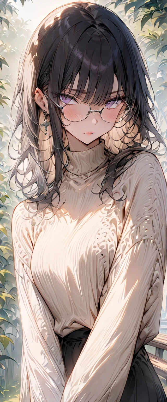 (masterpiece, best quality,Super detailed:1.6),( anatomically correct), portrait,(Dark-haired mature woman ,Medium-long hairstyle,Large black-rimmed glasses ),Date at the park , beige knit with long skirt,whole body,Character portrait, angle from the front down,(Small breast size)