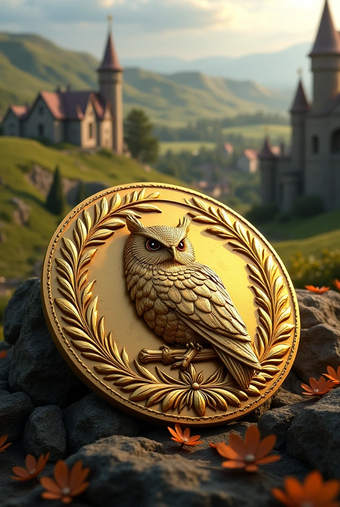  Imagine a medal made of gold, with owl detail in the middle ,  medieval scenery  