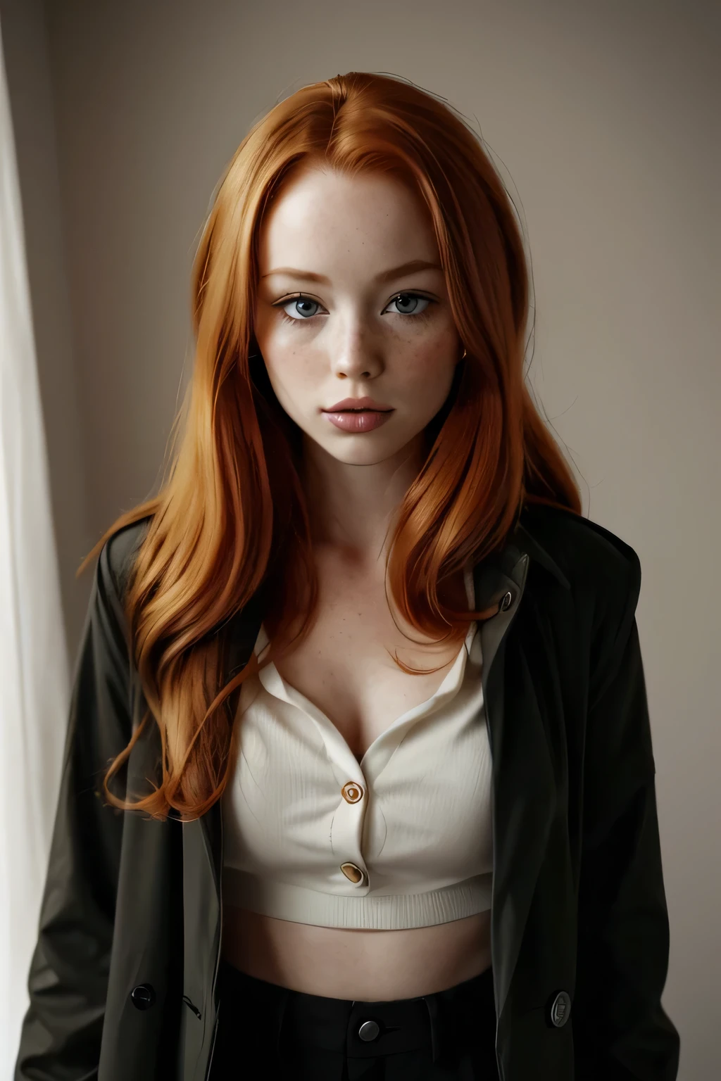 1girl in, age21, Madelaine Petsch, photo of perfect woman, 5'3", Solo, Aesthetic artwork, (irish  redhead, wavy ginger hair, shoulder length ginger hair:1.25), (some small freckles, pale skin, small breasts, B-cup, runners body, very thin waist, skinny, petite, detailed skin texture), (blank background, plain background, blank wall, (wearing an fur lined open black trench coat, tight button-down blouse black, suit pants black, Cynthia from pokémon, Cynthia cosplay), (extremely detailed 8k wallpaper), soft lighting, high quality, film grain, Fujifilm XT3 sharp focus, f 5.6, 50mm, High Detail, Sharp focus,(natural light), crazy details, complex details, hyper detailed