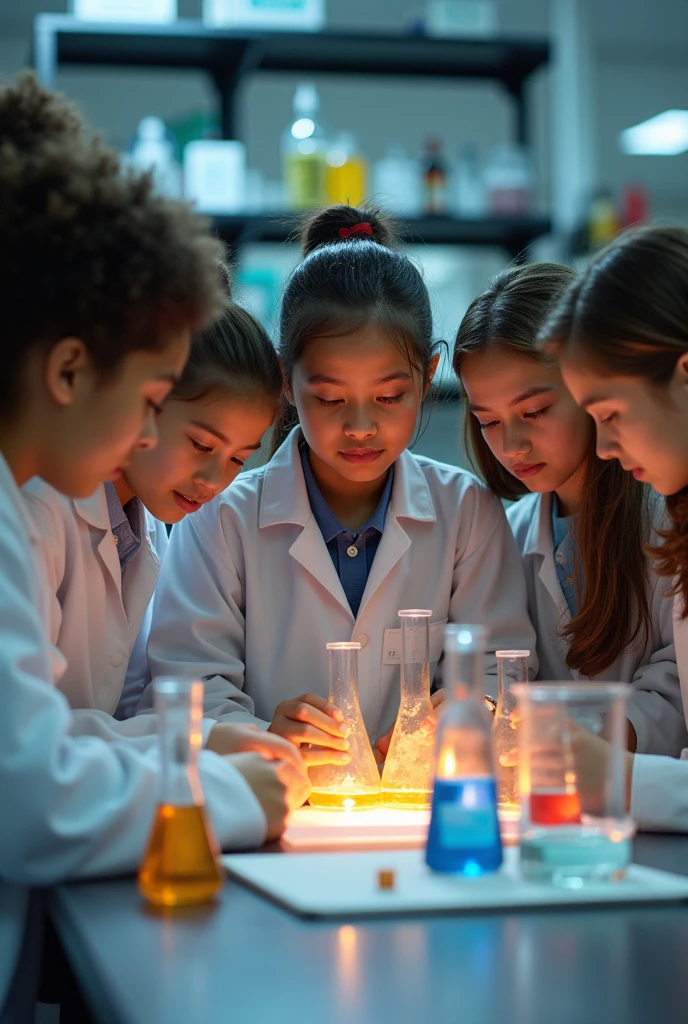 12-year-old children in dark blue uniforms, Colombians in a laboratory