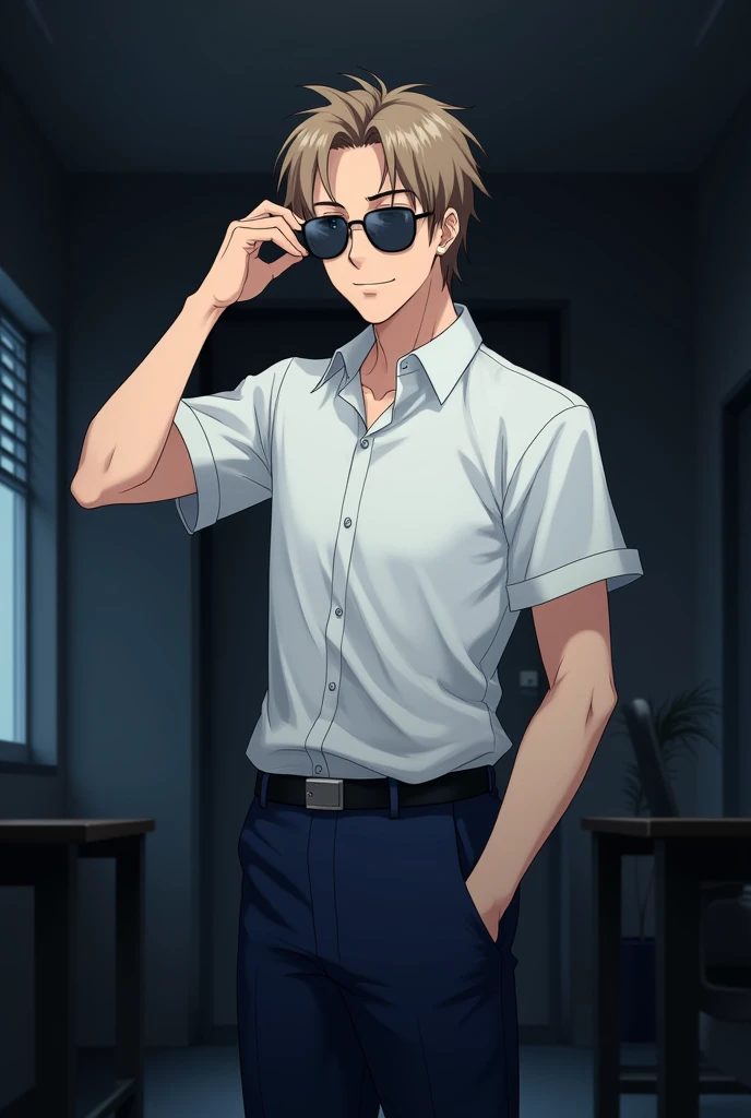 There is a white-skinned man, Light brown hair and blue eyes, he is wearing a short sleeve white shirt and navy blue pants and dark sunglasses . He has a scar line already healed in the corner of his forehead . He is standing with one pocket and his other hand slightly raises his glasses to let his eyes see. The man wears a small relaxed smile on his face . The background is a dark office with little light coming from a window . anime style