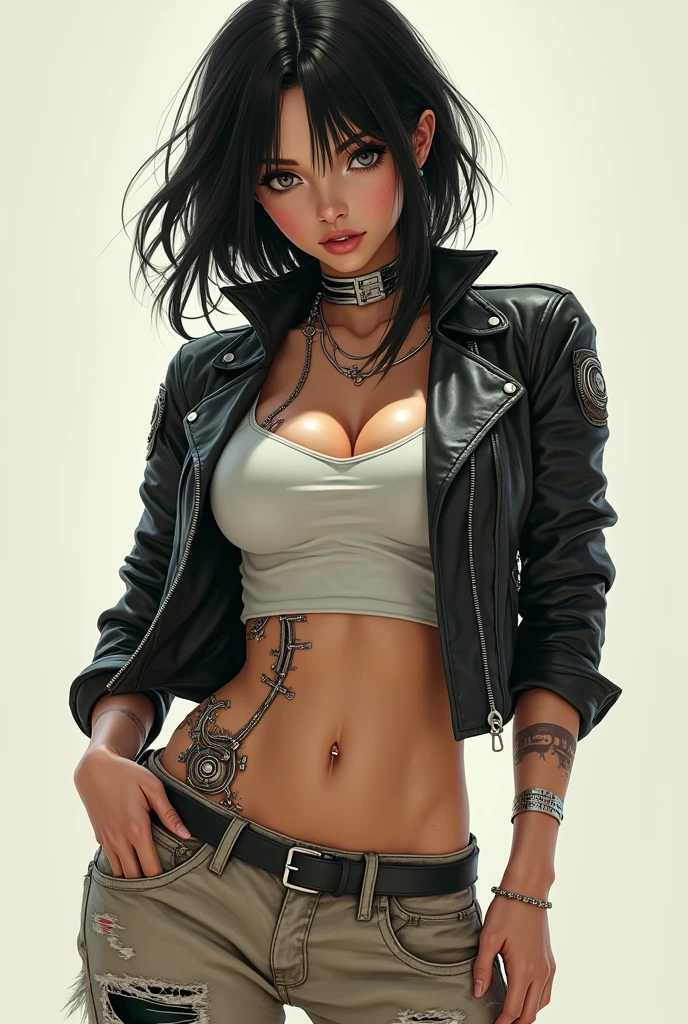 Realistic,Photo,35mm,cinematic(1 femme avec une veste balenciaga super doudoune aux cheveux courts,tatouages au cou), seins de taille moyenne, graphite fond coloré,Ultra pointu