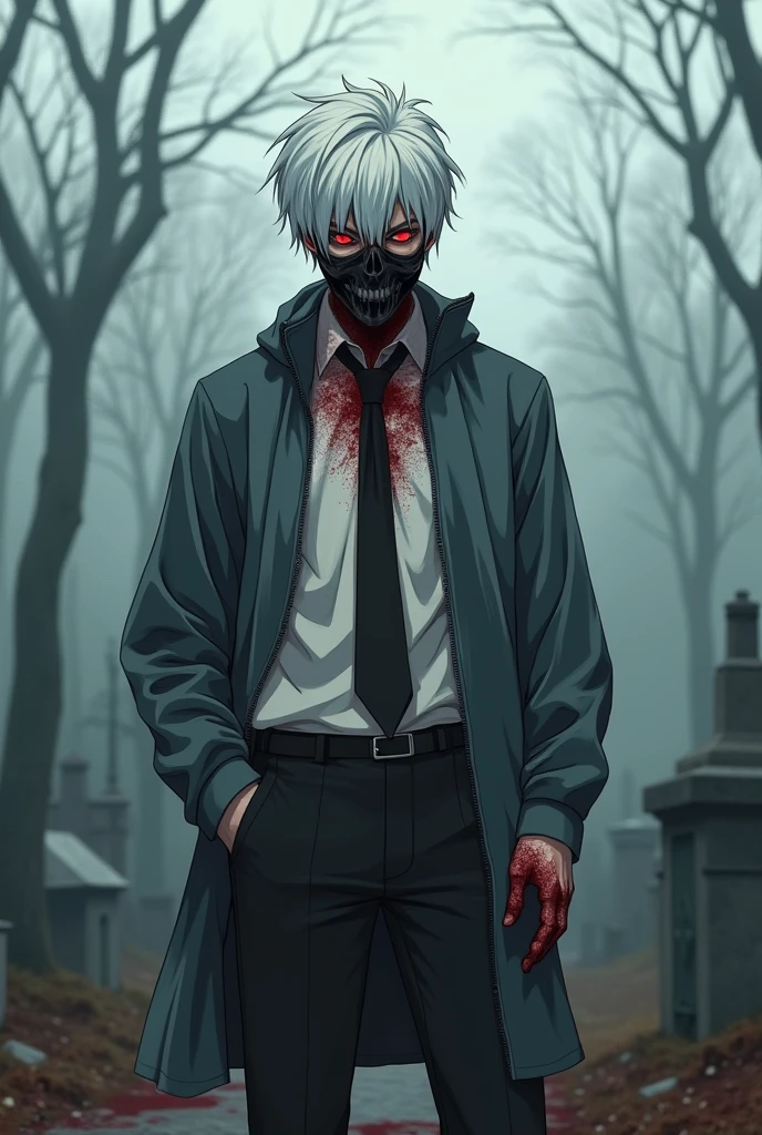 A one full body image of an anime skeleton ghost,white anime style hair,dark face, glowing red eyes,evil smile, wearing a black coat over a white shirt with a red tie,he is also wearing a black pant with white belt in the lower body,he is wearing a white shoes 👟,he standing straight,facing forward