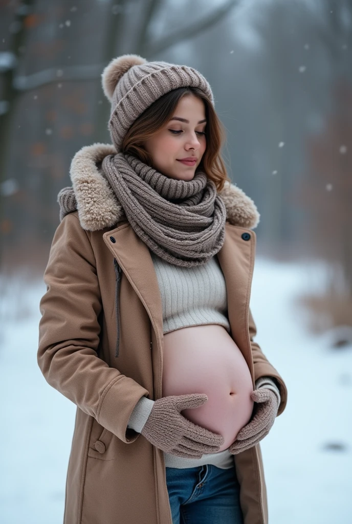 (masutepiece,High quality,16k:1.1),(depth of fields:1.3) ,((front body:1.35)),  Japanese ,Woman, Beanie , Long Sleeve U neck T-shirt Maxi (((Tight))) Dress, huge breasts, (huge pregnant:1.3), voluptuous, thicc, curvy,(Looking at Viewer:1.3),(full body shot:1.2),snowy landscape,(It's snowing:1.2),(Beautiful night view of Japan Tokyo town:1.2)