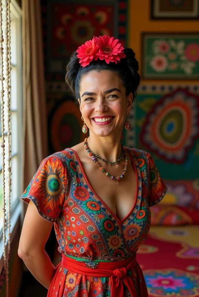 Une photo de frida kalho dans une chambre coloree souriante au petit matin
