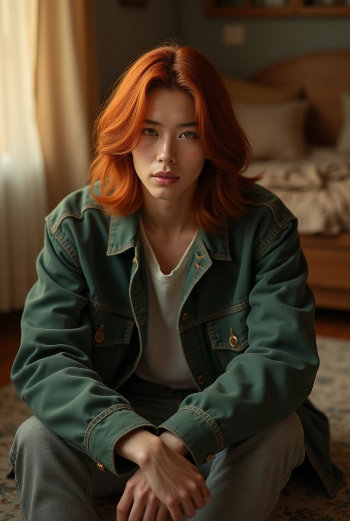 a young boy with short red hair, pastel green eyes, light skin, small pink freckles on his face, wearing orange headphones, an orange jacket, a black shirt with colorful details, black pants, and black sneakers, sitting on the bed in his room looking up while listening to music, sunset, (best quality,4k,8k,highres,masterpiece:1.2),ultra-detailed,(realistic,photorealistic,photo-realistic:1.37),extremely detailed face and eyes, beautiful detailed lips, detailed skin and freckles, warm lighting, cinematic, vibrant colors, natural lighting, cozy atmosphere, soft focus, magical, dream-like