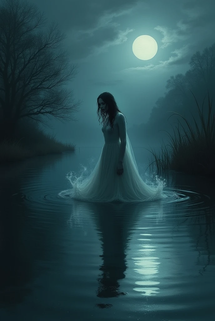 There was no gleam, no shadow, for the heavens, too, were one still, pale cloud; no sound or motion in anything but the dark river that flowed and moaned like an unresting sorrow.
fantasy style, dreamlike art, gothic horror, artistic and abstract, whimsical, oil painting,
1girl, transparent ghost,