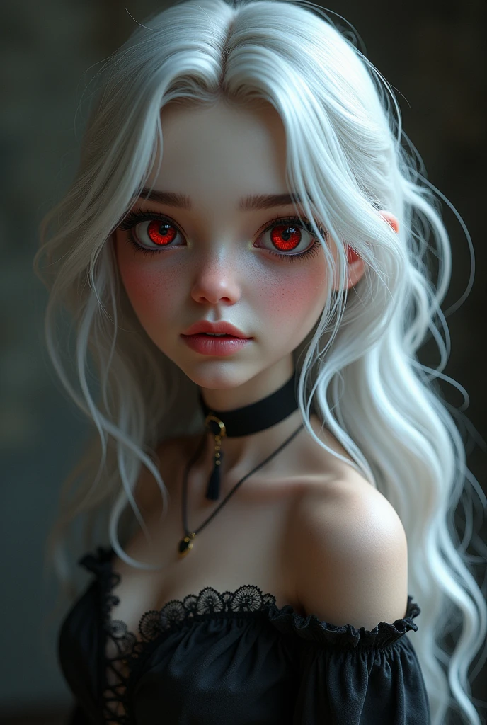 Create a woman with delicate features, heart shaped face, reddened lips, light eyelashes pale skin, curly white hair, Eyes red, small nose and big breasts
