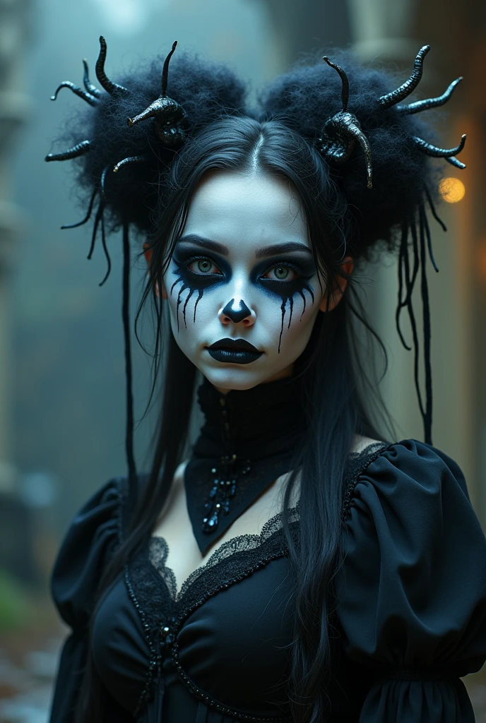 Portrait of sexy victorian gothic lady, pretty face, big eyes, braids, scary, morbid, bloody, horror, by Alessandro Barbucci, Alessandro Barbucci style, John Ken Mortensen style, Richard Corben styl