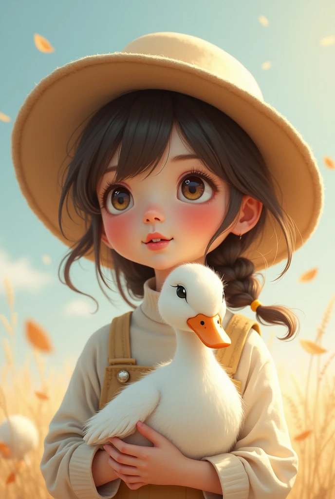 Girl in white dress,With a straw hat,Holding the little black rabbit,Stand by the sunflower field,Smile happily,In the distance are blue skies and white clouds