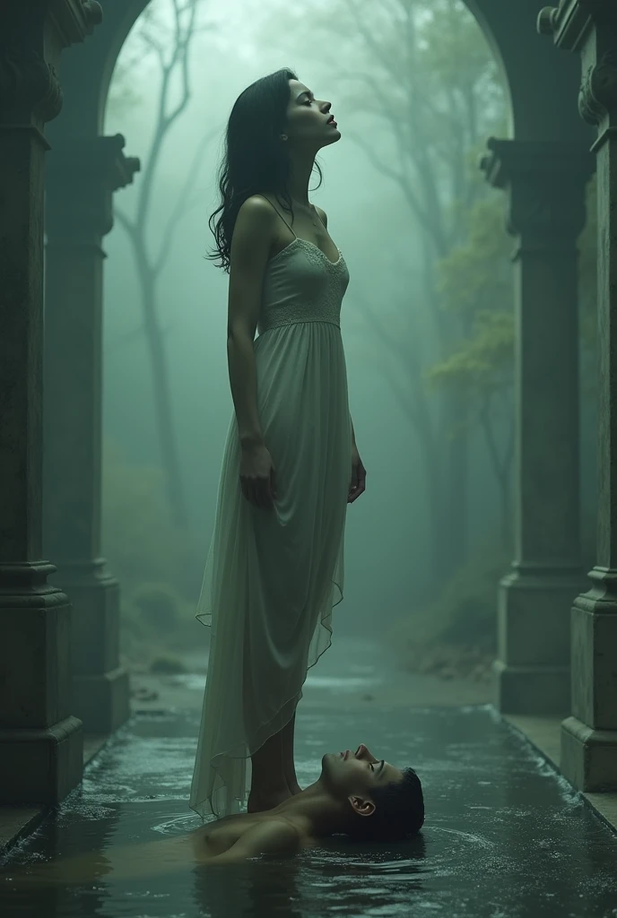 1 girl, (great stigmata), ruined church, bloody rosary, (floating hair, floating skirt), ((sea of blood)), sideways, character focus, ((black light)), ((dark lighting)), cinematic lighting, (darkness), (c