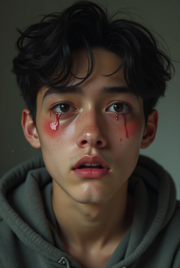 Young man with mixed skin crying heavily and tears coming out