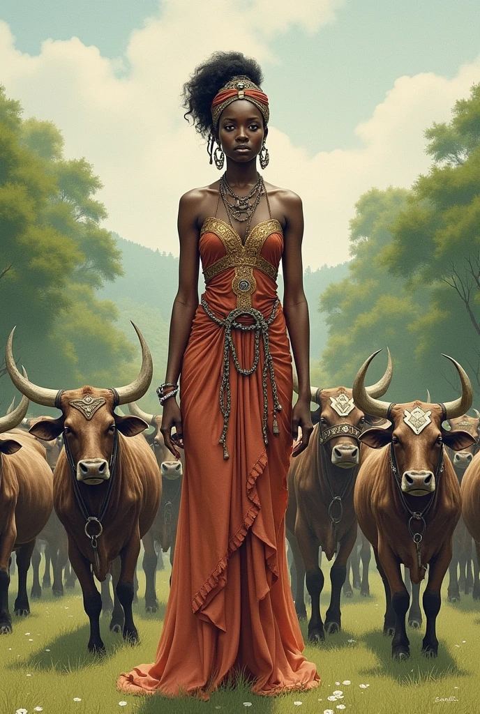 Iansã, African warrior queen, flowing beauty, red flowing robes, beautiful, large breasts: 1.3, lightning and thunder in the background, whip in hand, imposing, determined, a buffalo at her side, bodies with traditional African paintings with specific ritualistic symbols and patterns as used in the Odwira festival. Mystical mythological style, power and magic, high quality, photorealistic, cinematic, 8k, intricate details, Afrofuturistic masterpiece
