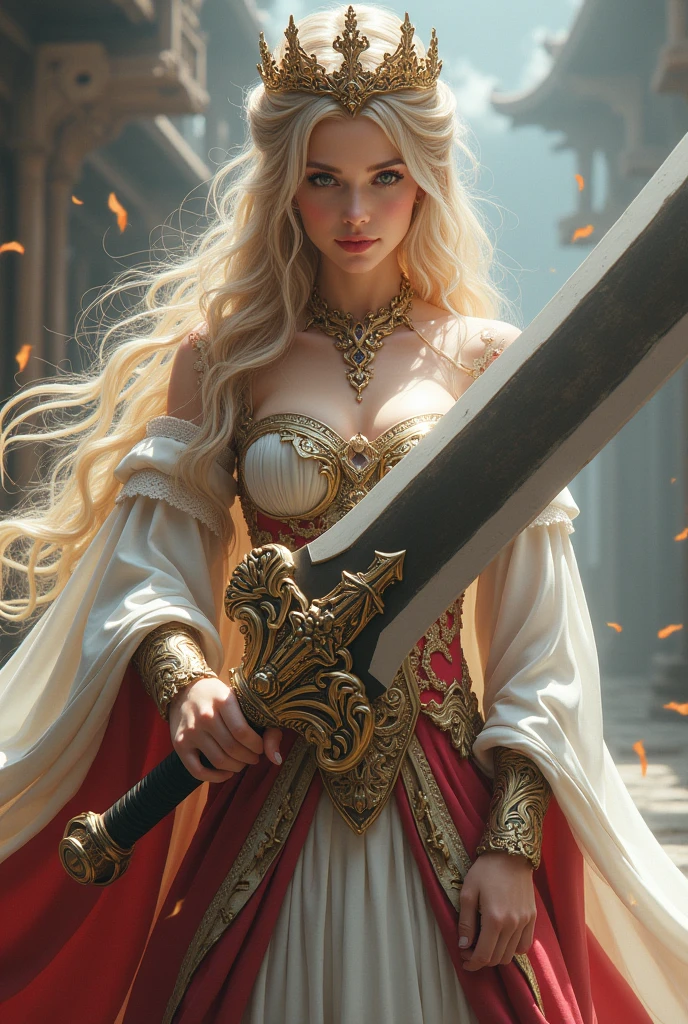 (character design sheet: 1.5) by larry elmor, extremely beautiful female vampire, blond hair, long hair, red eyes, pale skin, wearing intricate dress, holding a (sword: 1.1), high details, best quality, 16k, RAW, [best detailed], masterpiece, best quality, (extremely detailed), full body, ultra wide shot, photorealistic, dark fantasy art, goth art, RPG art, D&D art, aHigh Detail, Ultra High Quality, High Resolution, 16K Resolution, Ultra HD Pictures, Ultra Realistic, Clear Details, Realistic Detail, Ultra High Definition hihelz