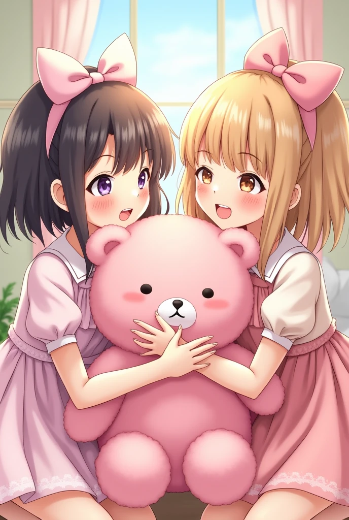 Make a anime image of two girls taking pink bear in their hands and have cute pink bow on their heads and wearing pink frocks