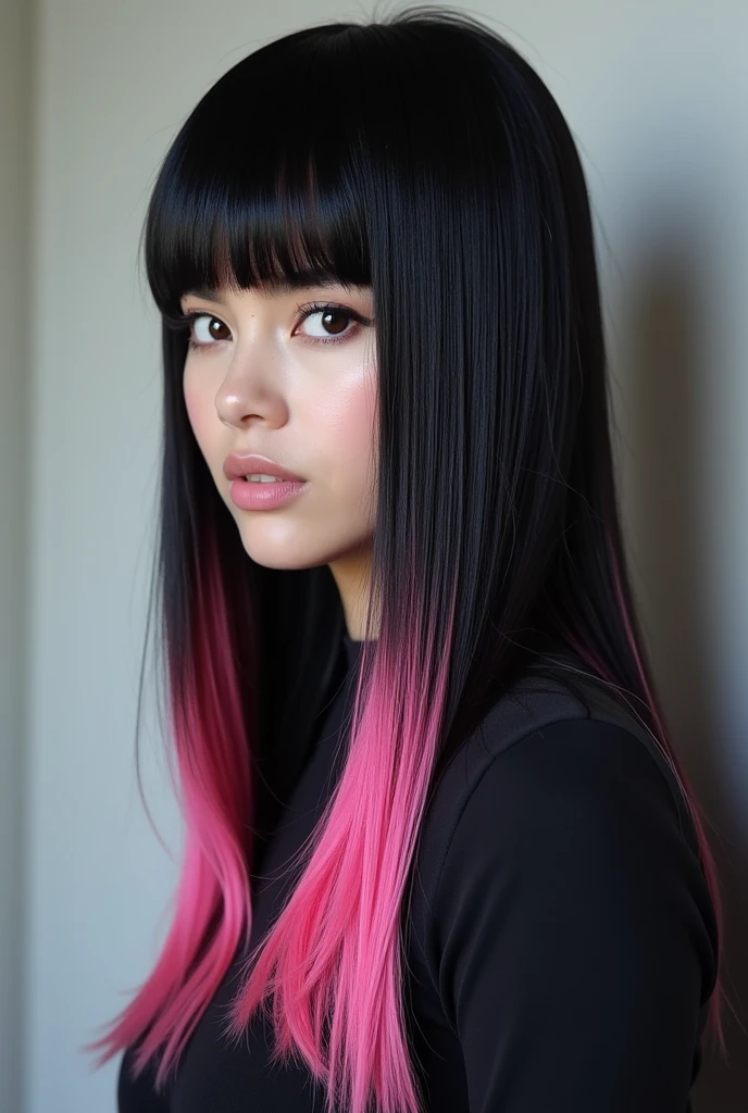 A black hair with platinum highlights and pink highlights, long, Without volume and that there are no bangs
