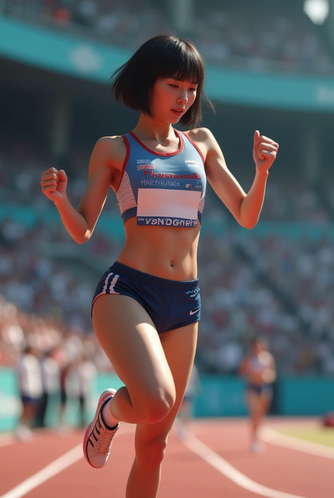 woman running on a track with an american flag in her hand, carole feuerman, victory lap, triumphant pose,photo still, triumphant, viral image, wearing track and field suit, 1 st winner, sprinting, stock photo, excitement