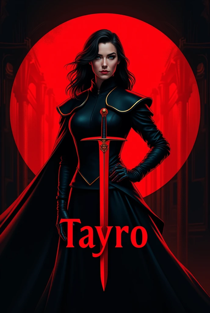 Margo rounded logo electric red model with swords on the bottom edge of the hoop with the word tayro at the bottom inside the circle all in the context of a king