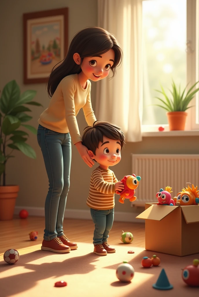 1 or  boy carrying toys to a box that is positioned on the other side of the room with the help of the mother to improve his motor development delay