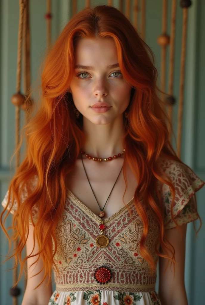  A beautiful girl with long wavy red hair, wearing a bohemian dress, 9 stick behind her 