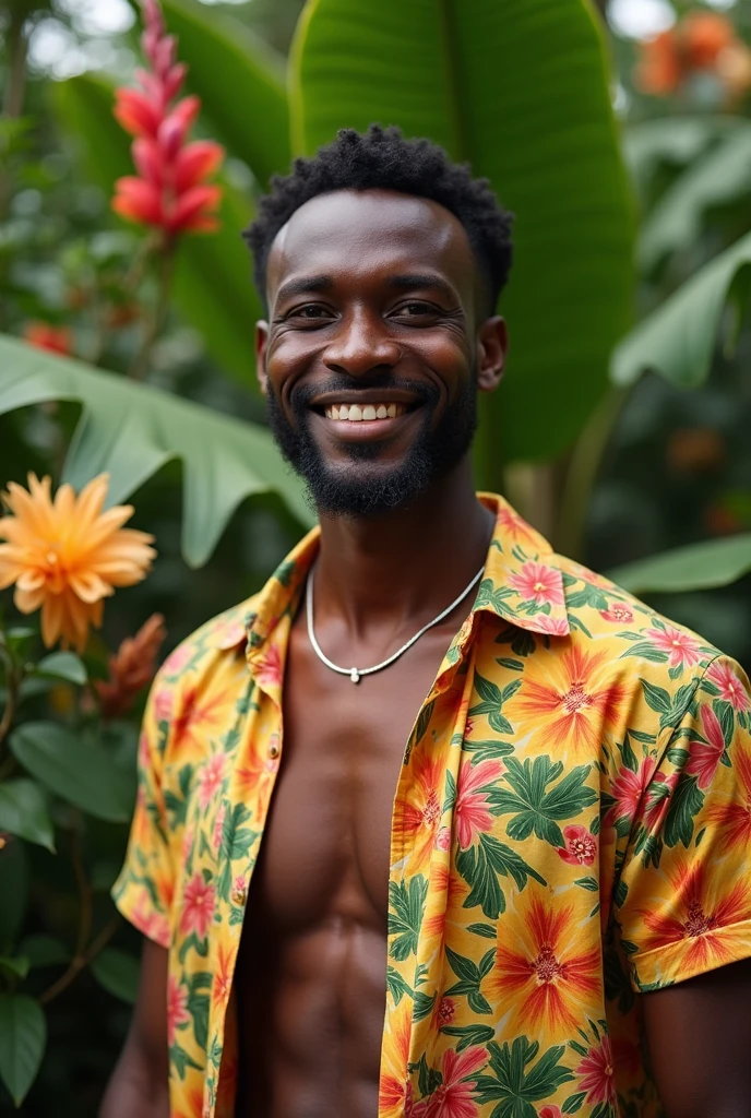 A Brazilian man in a lush tropical garden, wearing an open shirt with a floral print, with a close-up capturing the harmonious beauty between her breasts and the natural flowers, showing off your natural charm and outgoing personality. This man is Gaara's uncle.