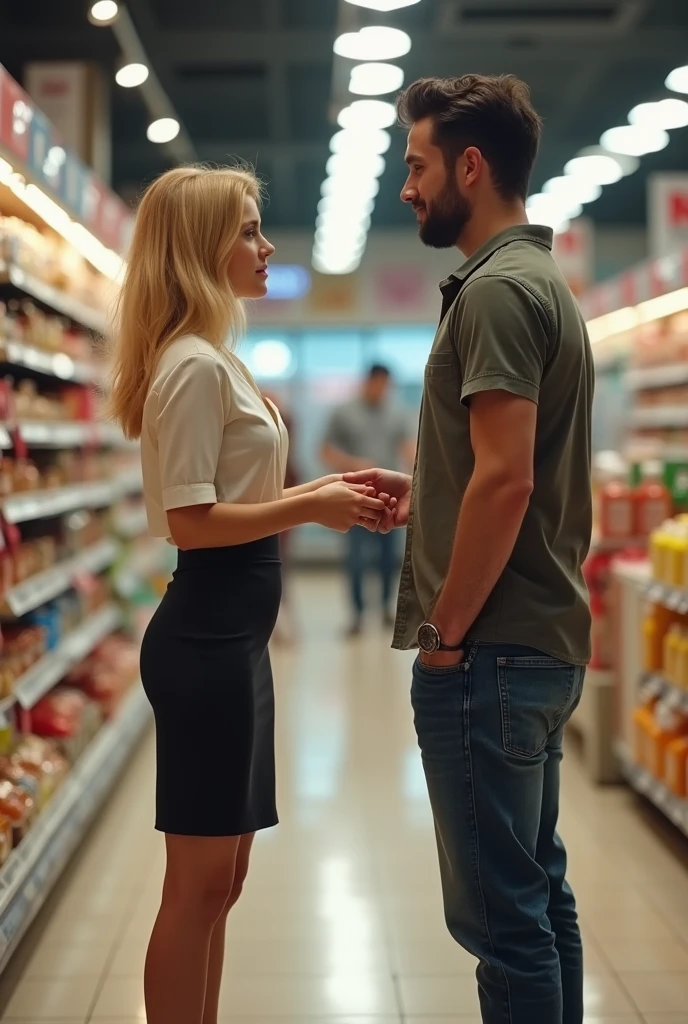 (crouched man,beside,women,supermarket), (high detail,photorealistic),