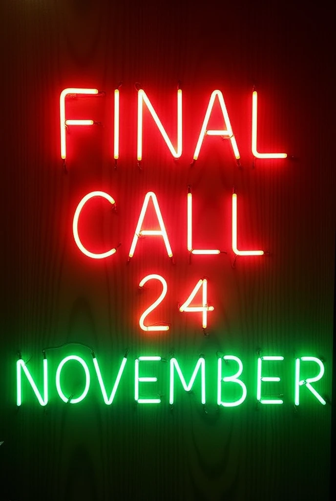 Final Call 24 November Written by red and green led lights also with Wood background
