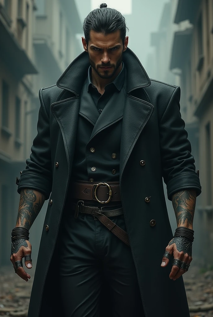 Silver rings on his fingers reflect the flame . Dark tattoos cover his hands . Bands of leather and twine tied at the cuffs . He is tall, has broad shoulders and wears a long coat with a hard collar raised up to the outlined jaw. Although the body is hidden under the jacket , You can see that he is muscular , just at the suggestion of his biceps .
