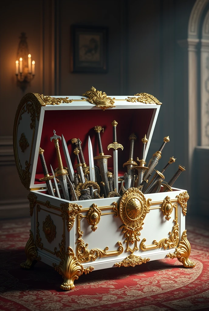 White with gold finishes, medieval armaments inside