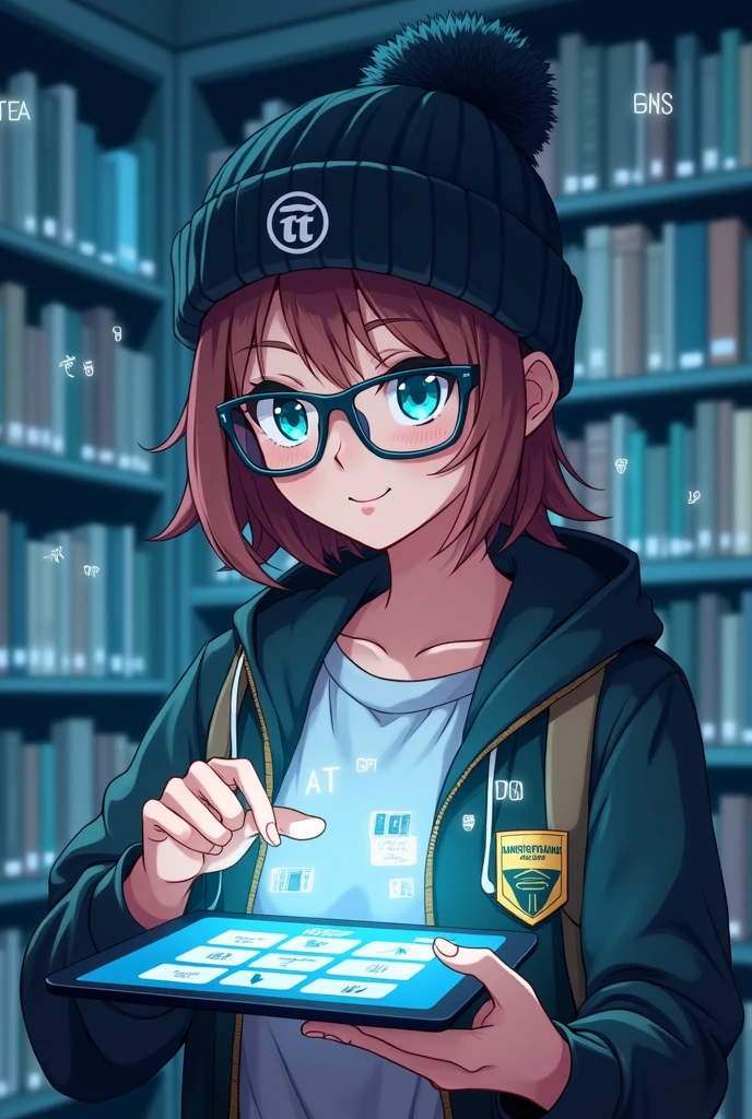 Design an anime-style portrait dimension (mobile screen sized) image of a Librarian with smart glasses that display scrolling terms. She's wearing a beanie cap with 'TT' written logo and a glowing curator badge. Her tablet displays expanding IT term Short form slangs, taxonomies, and she's expertly organizing floating term cards in the interface. Her expression shows the satisfaction of perfect knowledge organization. The background features a anime-style IT library with:
IT short slangs like ETA, TAT, EOD, DNS, POC are floating in the background