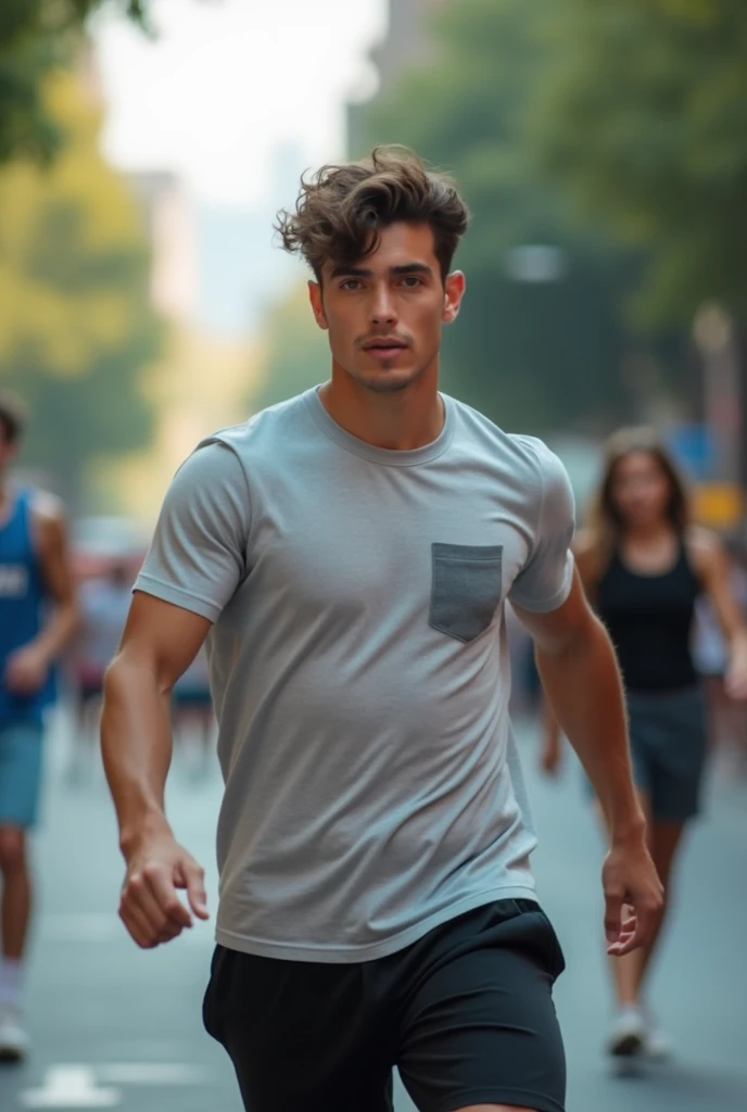 ((Handsome 35 old caucasian man with desireable features walking happily down the street, head tilted to the side, one arm raised)), BREAK, ((medium length light brown hair, cropped sides, clean shaven face, no facial hair, intriguing green eyes, big smile)), BREAK, light blue tee shirt, BREAK, navy shorts, BREAK, White sneakers, athletic physique, bright outdoor lighting highlights his excellent features