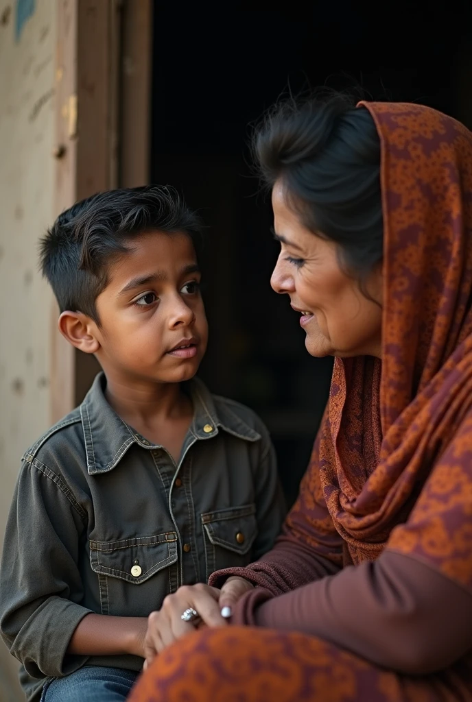 A  wearing Indian Army uniform is saluting his mother  ,mother and child's full photo, background home 